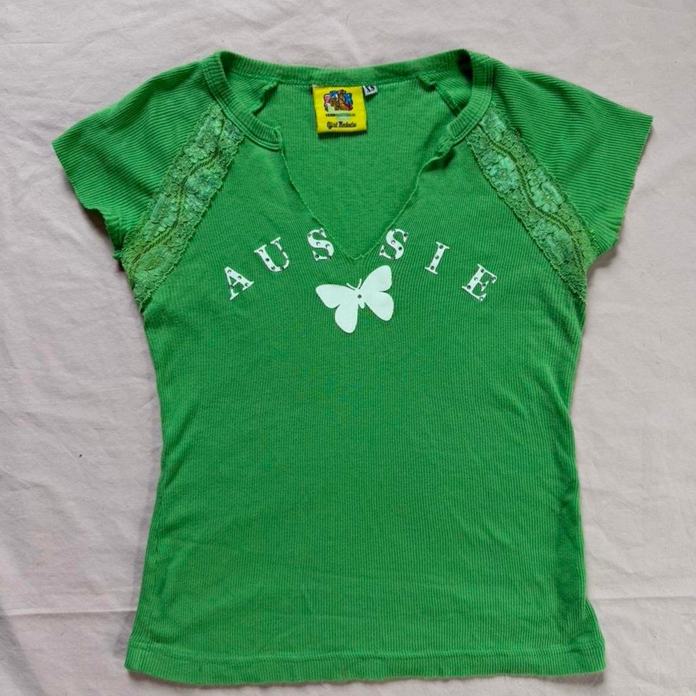 Team Australia Aussie Butterfly Baby Tee Green Y2K Lace Trim Ribbed Top XS